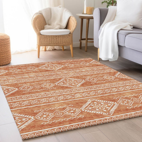 HomeRoots 9' X 12' Copper And Ivory Southwestern Area Rug – Washable, UV Protected, Family-Friendly Design! 671611