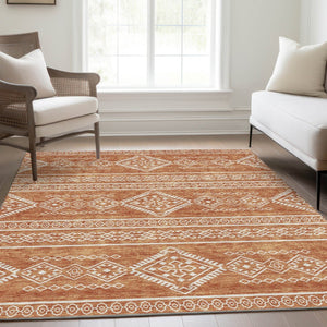 HomeRoots 9' X 12' Copper And Ivory Southwestern Area Rug – Washable, UV Protected, Family-Friendly Design! 671611