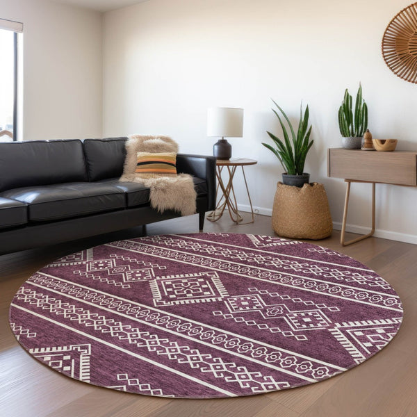 HomeRoots 8' Washable Eggplant and Ivory Southwestern Round Rug with UV Protection for Kids and Pets' Spaces 671615