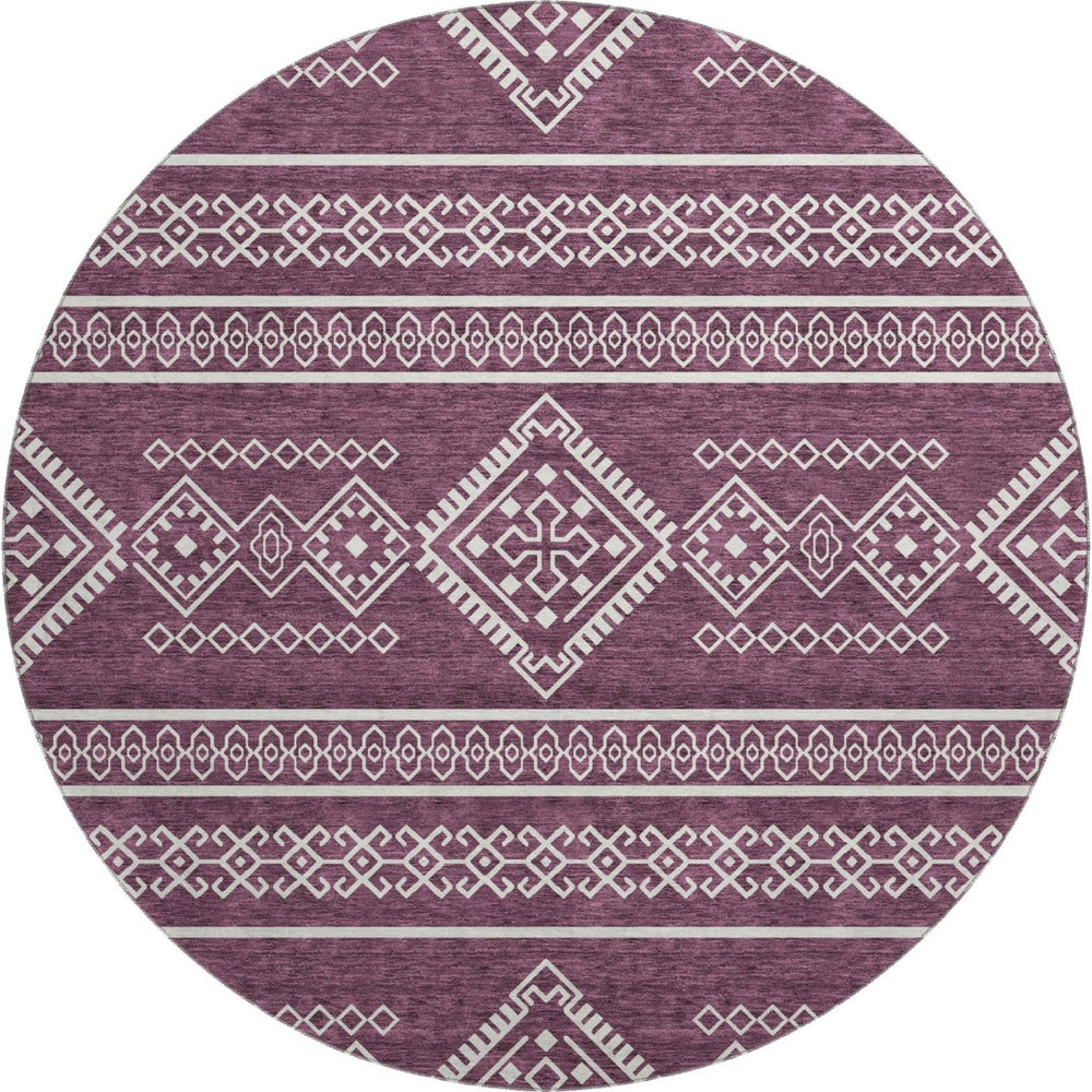 HomeRoots 8' Washable Eggplant and Ivory Southwestern Round Rug with UV Protection for Kids and Pets' Spaces 671615