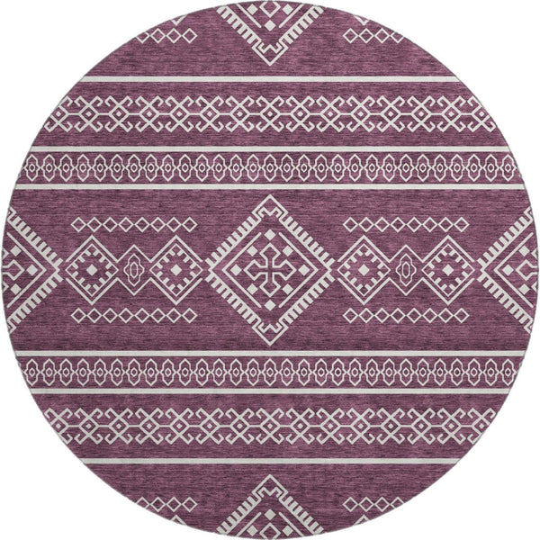 HomeRoots 8' Washable Eggplant and Ivory Southwestern Round Rug with UV Protection for Kids and Pets' Spaces 671615