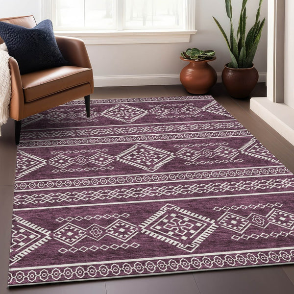 HomeRoots 9' X 12' Eggplant and Ivory Southwestern Area Rug – Washable, Stain-Resistant, UV Protected Home Essential 671617