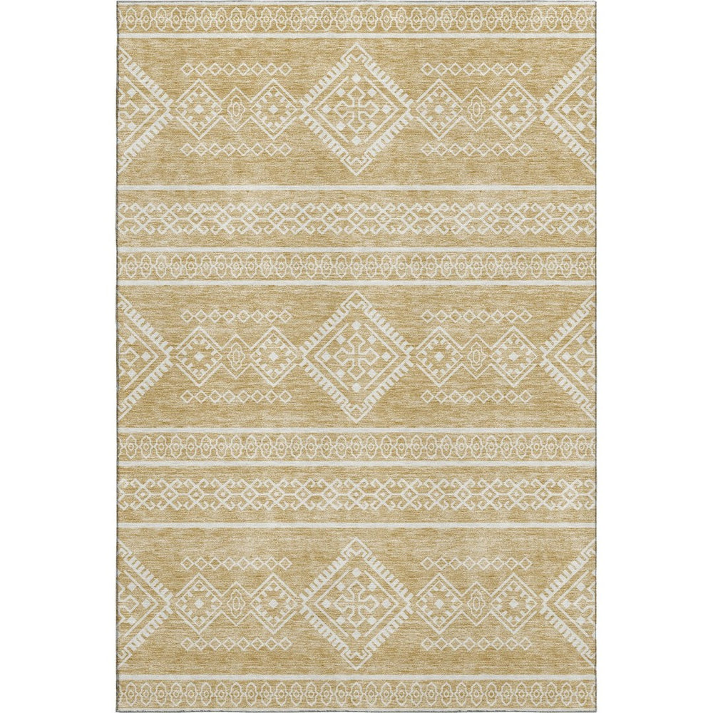 HomeRoots 8' X 10' Gold & Ivory Southwestern Washable Area Rug – Durable, Stain-Resistant, UV-Protected Design 671622