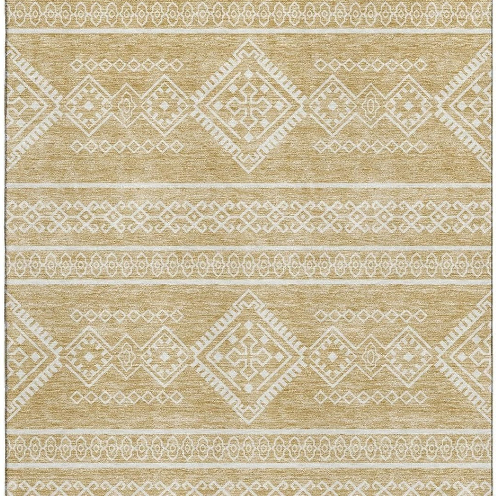 HomeRoots 8' X 10' Gold & Ivory Southwestern Washable Area Rug – Durable, Stain-Resistant, UV-Protected Design 671622