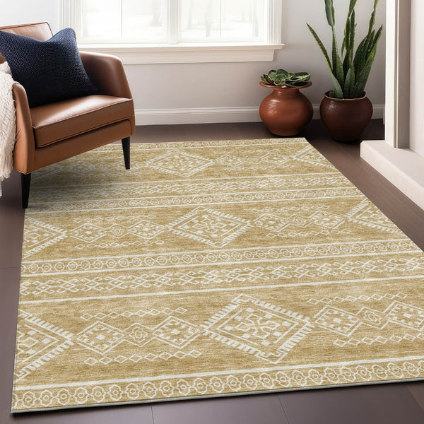HomeRoots 9' X 12' Gold and Ivory Southwestern Area Rug – Washable, UV-Protected, Durable & Stylish Design 671623