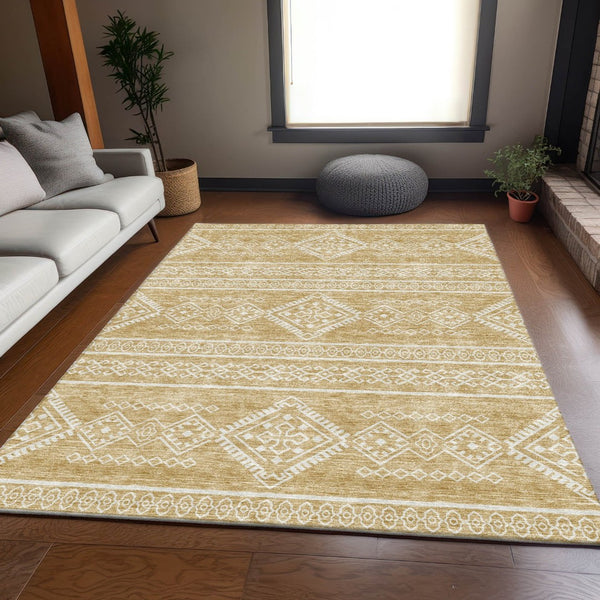 HomeRoots 10' X 14' Gold and Ivory Southwestern Area Rug - Washable, UV-Protected, Perfect for High-Traffic Spaces 671624
