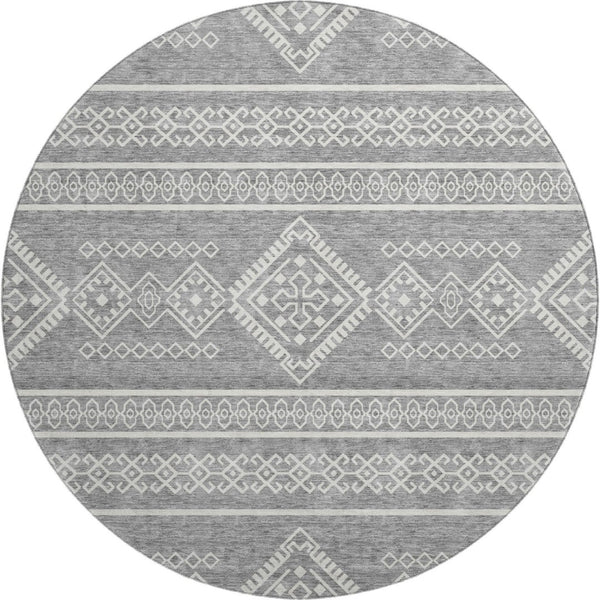 HomeRoots 8' Gray and Ivory Southwestern Round Rug - UV-Resistant, Durable, Easy-Care Design for Any Space 671627