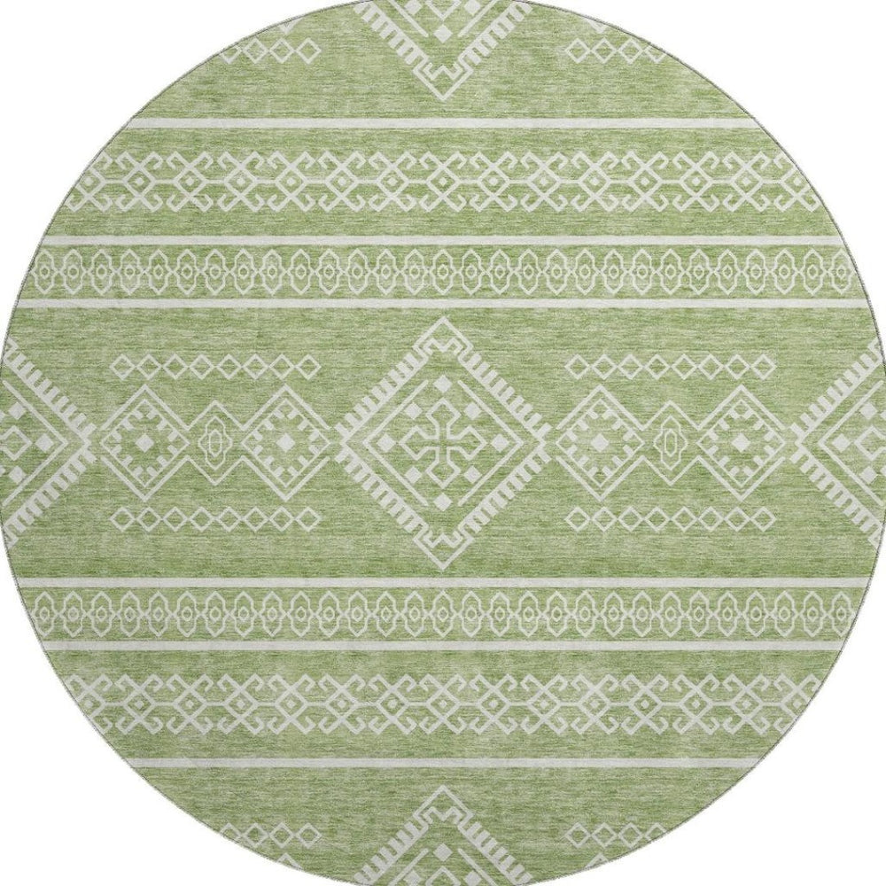 HomeRoots 8' Green and Ivory Southwestern Round Rug – Washable, UV-Protected, Stain-Resistant, Durable Design 671633