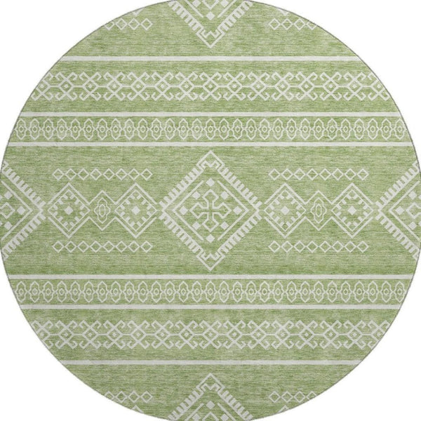 HomeRoots 8' Green and Ivory Southwestern Round Rug – Washable, UV-Protected, Stain-Resistant, Durable Design 671633