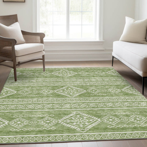 HomeRoots 8' X 10' Stylish Green and Ivory Southwestern Washable Area Rug with UV Protection for Family Homes 671634