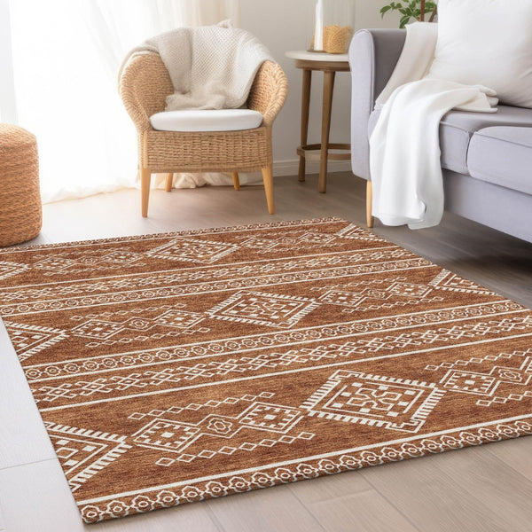 HomeRoots 5' X 8' Rust & Ivory Southwestern Area Rug - Washable, UV-Protected, Durable, Perfect for Families! 671650