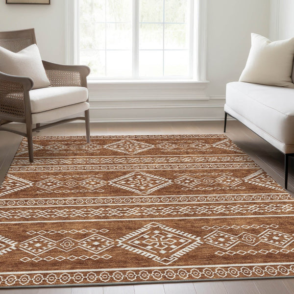 HomeRoots 5' X 8' Rust & Ivory Southwestern Area Rug - Washable, UV-Protected, Durable, Perfect for Families! 671650