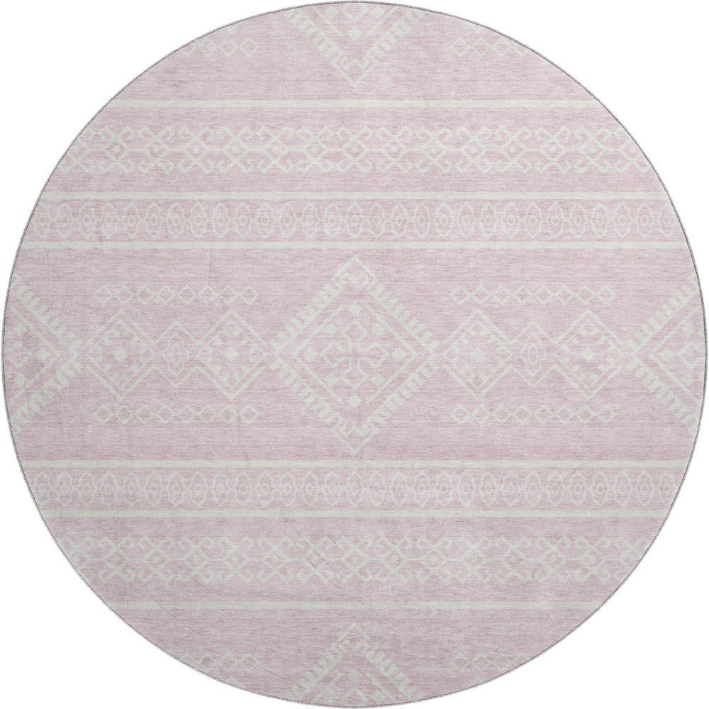 HomeRoots 8' Pink and Ivory Southwestern Round Rug - Washable, UV-Protected, Stylish for Homes & Patios 671657