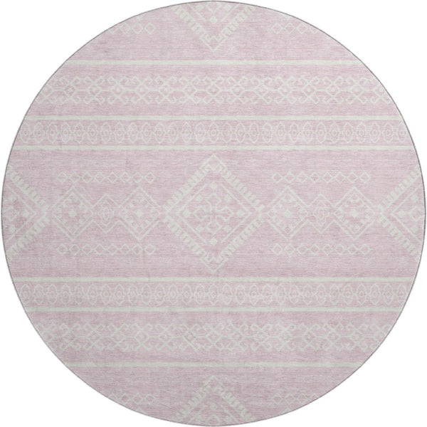 HomeRoots 8' Pink and Ivory Southwestern Round Rug - Washable, UV-Protected, Stylish for Homes & Patios 671657