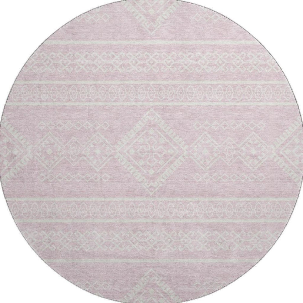 HomeRoots 8' Pink and Ivory Southwestern Round Rug - Washable, UV-Protected, Stylish for Homes & Patios 671657