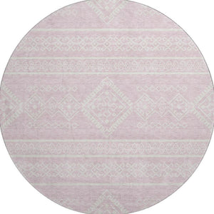 HomeRoots 8' Pink and Ivory Southwestern Round Rug - Washable, UV-Protected, Stylish for Homes & Patios 671657