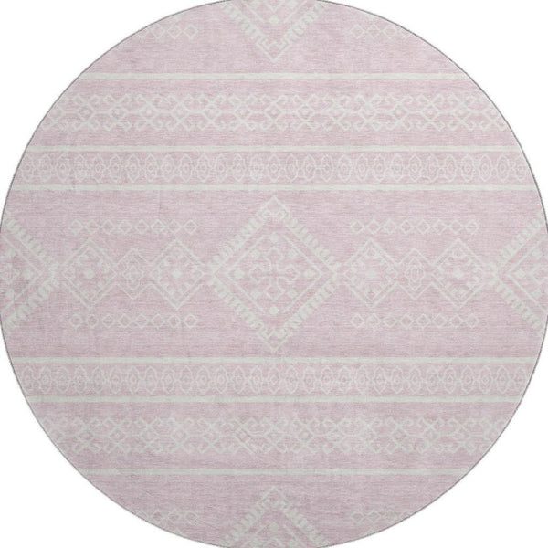 HomeRoots 8' Pink and Ivory Southwestern Round Rug - Washable, UV-Protected, Stylish for Homes & Patios 671657
