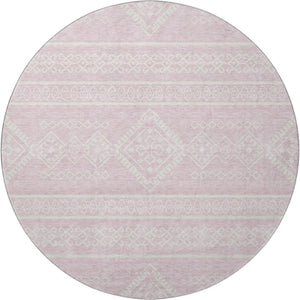 HomeRoots 8' Pink and Ivory Southwestern Round Rug - Washable, UV-Protected, Stylish for Homes & Patios 671657