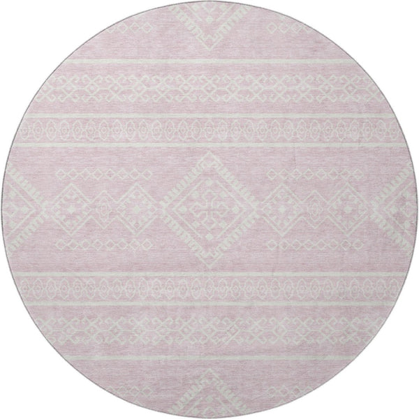 HomeRoots 8' Pink and Ivory Southwestern Round Rug - Washable, UV-Protected, Stylish for Homes & Patios 671657