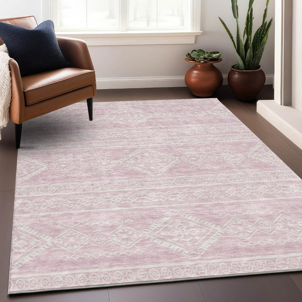 HomeRoots 9' X 12' Pink And Ivory Southwestern Washable Area Rug – UV Protected, Stain-Resistant & Durable Design 671659