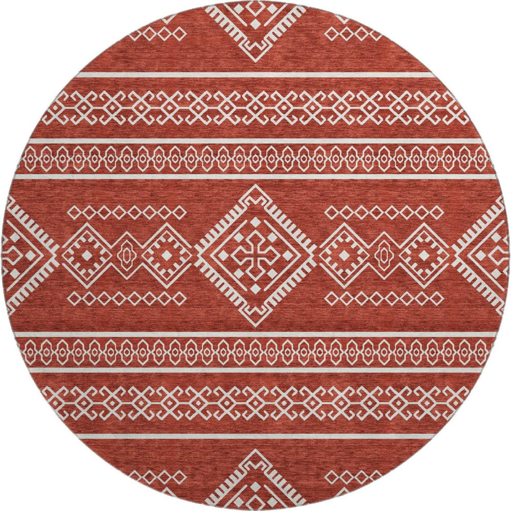 HomeRoots 8' Southwestern Washable Round Rug - Red & Ivory UV-Protected, Stain-Resistant for Home Comfort 671663