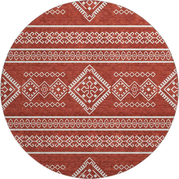 HomeRoots 8' Southwestern Washable Round Rug - Red & Ivory UV-Protected, Stain-Resistant for Home Comfort 671663