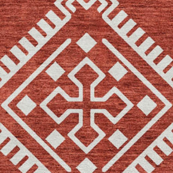 HomeRoots 8' Southwestern Washable Round Rug - Red & Ivory UV-Protected, Stain-Resistant for Home Comfort 671663