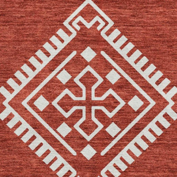 HomeRoots 8' Southwestern Washable Round Rug - Red & Ivory UV-Protected, Stain-Resistant for Home Comfort 671663