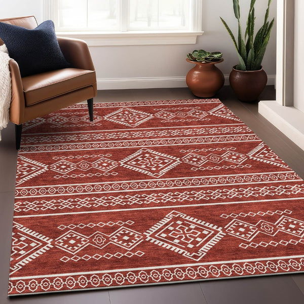 HomeRoots 9' X 12' Southwestern Washable Area Rug - Durable Red & Ivory Design with UV Protection & Stain Resistance 671665