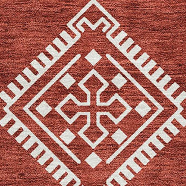 HomeRoots 9' X 12' Southwestern Washable Area Rug - Durable Red & Ivory Design with UV Protection & Stain Resistance 671665