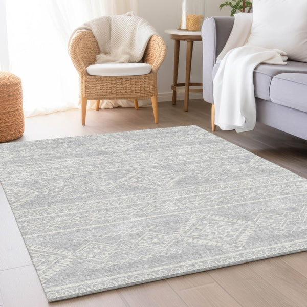 HomeRoots 10' X 14' Silver And Ivory Southwestern Area Rug - Washable, UV Protected, Ideal for Busy Homes 671672