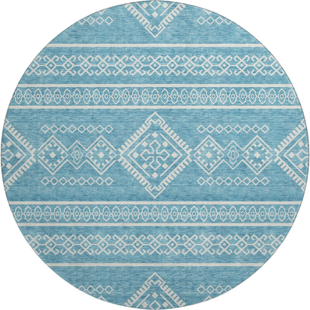 HomeRoots 8' Teal and Ivory Southwestern Round Rug – Washable, UV-Protected, Perfect for Busy Homes & Styles 671675