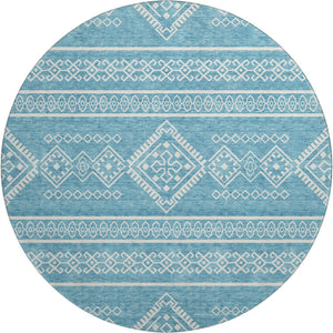 HomeRoots 8' Teal and Ivory Southwestern Round Rug – Washable, UV-Protected, Perfect for Busy Homes & Styles 671675
