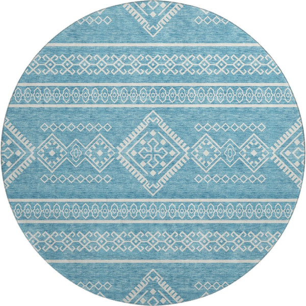HomeRoots 8' Teal and Ivory Southwestern Round Rug – Washable, UV-Protected, Perfect for Busy Homes & Styles 671675