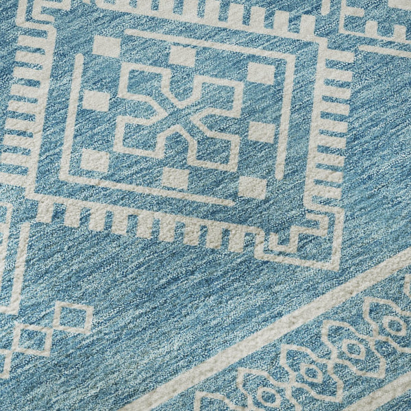 HomeRoots 8' Teal and Ivory Southwestern Round Rug – Washable, UV-Protected, Perfect for Busy Homes & Styles 671675
