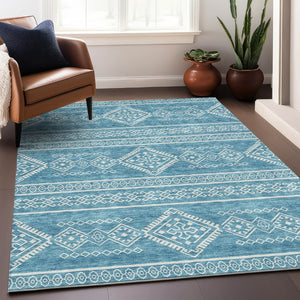 HomeRoots 10' X 14' Teal and Ivory Southwestern Area Rug - Washable, Stain Resistant, UV Protected for Indoor/Outdoor Use 671678