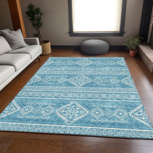 HomeRoots 10' X 14' Teal and Ivory Southwestern Area Rug - Washable, Stain Resistant, UV Protected for Indoor/Outdoor Use 671678