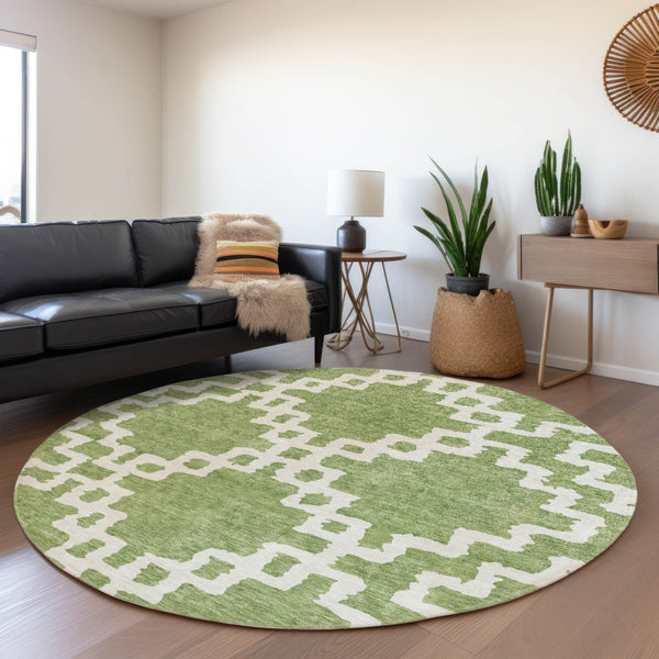 HomeRoots 8' Artichoke Green and Ivory Abstract Geometric Round Rug - Washable, UV Protected for High Traffic Areas 671681