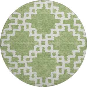 HomeRoots 8' Artichoke Green and Ivory Abstract Geometric Round Rug - Washable, UV Protected for High Traffic Areas 671681