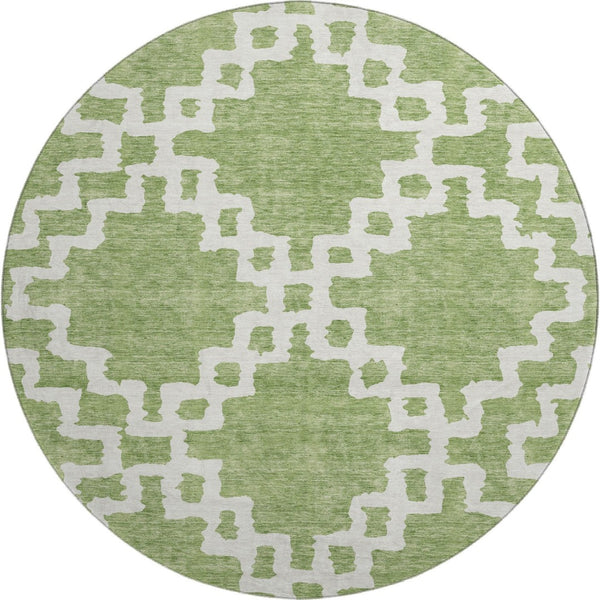 HomeRoots 8' Artichoke Green and Ivory Abstract Geometric Round Rug - Washable, UV Protected for High Traffic Areas 671681