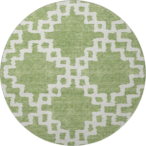 HomeRoots 8' Artichoke Green and Ivory Abstract Geometric Round Rug - Washable, UV Protected for High Traffic Areas 671681