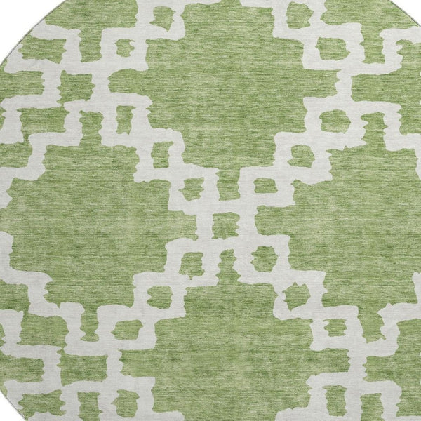HomeRoots 8' Artichoke Green and Ivory Abstract Geometric Round Rug - Washable, UV Protected for High Traffic Areas 671681