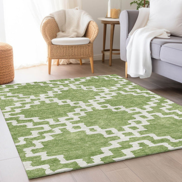 HomeRoots 8' X 10' Artichoke Green & Ivory Abstract Geometric Washable Rug - Durable, UV Protected & Stylish! 671682