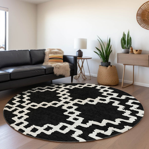 HomeRoots 8' Black and Ivory Abstract Geometric Round Rug – Washable, UV-Protected, Durable for High-Traffic Areas 671687