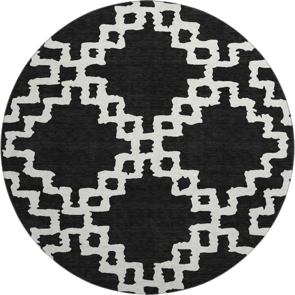 HomeRoots 8' Black and Ivory Abstract Geometric Round Rug – Washable, UV-Protected, Durable for High-Traffic Areas 671687