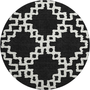 HomeRoots 8' Black and Ivory Abstract Geometric Round Rug – Washable, UV-Protected, Durable for High-Traffic Areas 671687