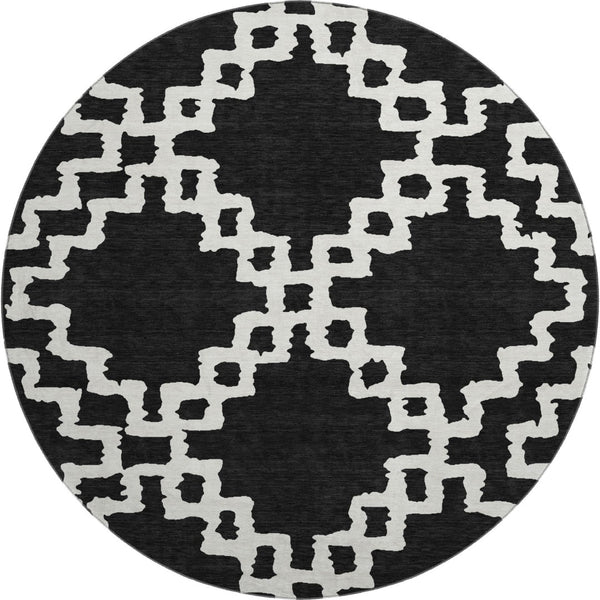 HomeRoots 8' Black and Ivory Abstract Geometric Round Rug – Washable, UV-Protected, Durable for High-Traffic Areas 671687