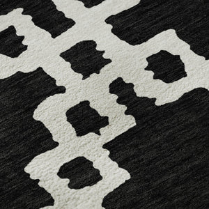 HomeRoots 8' Black and Ivory Abstract Geometric Round Rug – Washable, UV-Protected, Durable for High-Traffic Areas 671687
