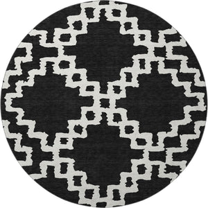HomeRoots 8' Black and Ivory Abstract Geometric Round Rug – Washable, UV-Protected, Durable for High-Traffic Areas 671687