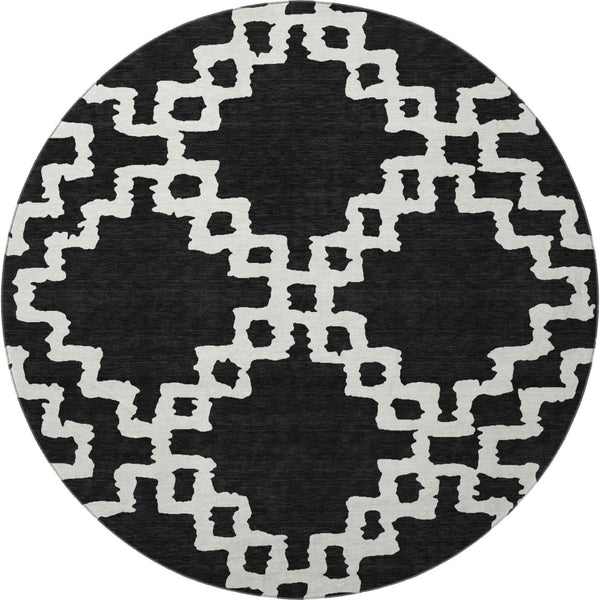 HomeRoots 8' Black and Ivory Abstract Geometric Round Rug – Washable, UV-Protected, Durable for High-Traffic Areas 671687